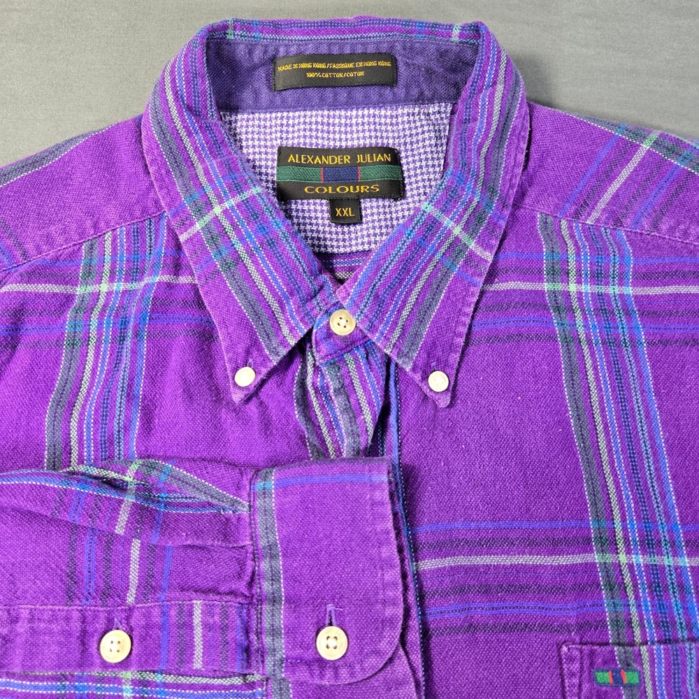 Alexander Julian Colours Men's XXL Purple Plaid Flannel Button Down Shirt Cotton